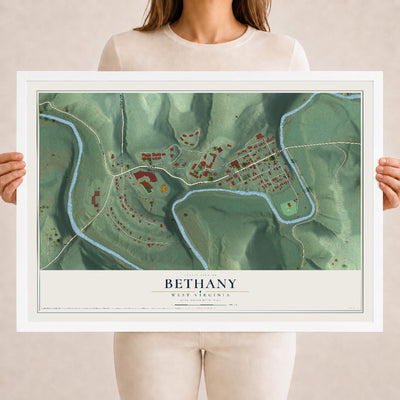Map of Bethany, West Virginia, 18 x 24 inch print in a white wood frame