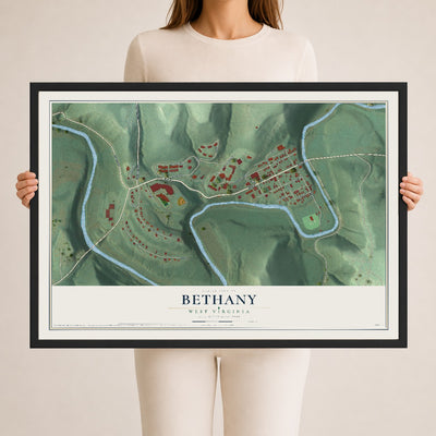 Map of Bethany, West Virginia, 24 x 36 inch print in a black wood frame