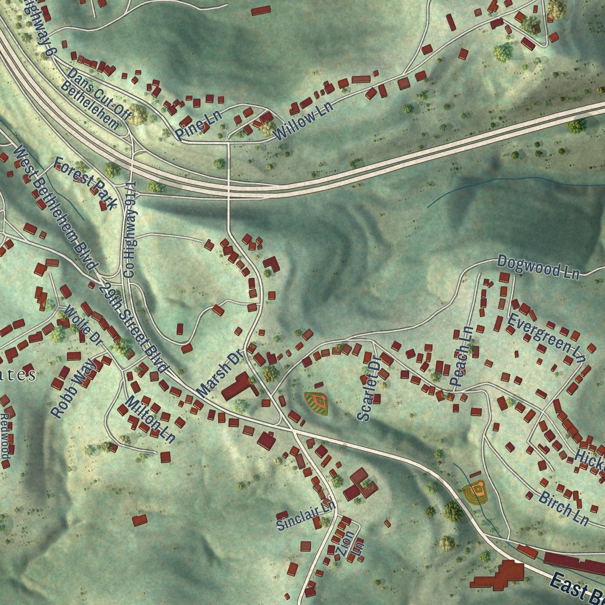 Close-up of the map of Bethlehem, West Virginia print showing street and building detail