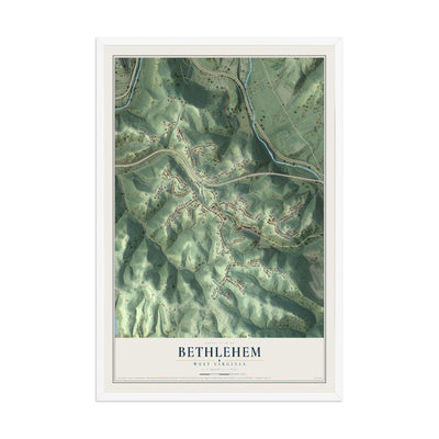 Map of Bethlehem, West Virginia, 12 x 18 inch print in a white wood frame