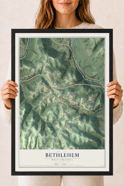Map of Bethlehem, West Virginia, 18 x 24 inch print in a black wood frame