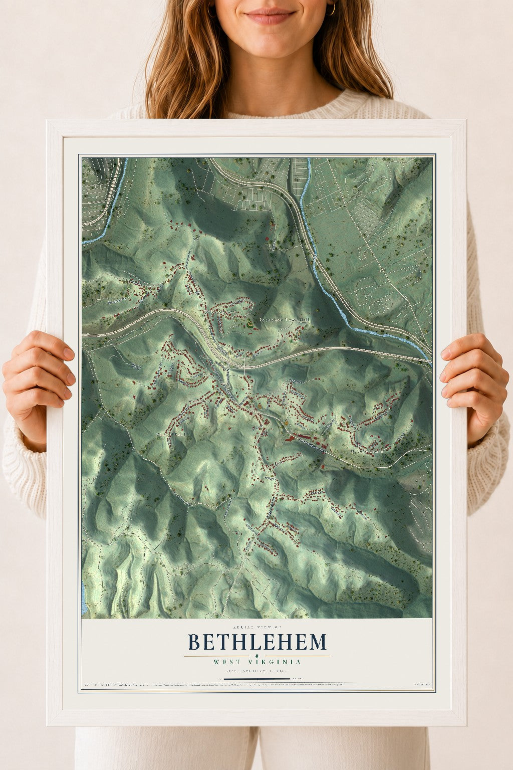 Map of Bethlehem, West Virginia, 18 x 24 inch print in a white wood frame
