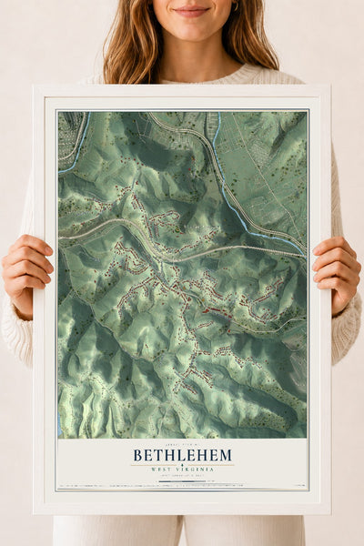 Map of Bethlehem, West Virginia, 18 x 24 inch print in a white wood frame
