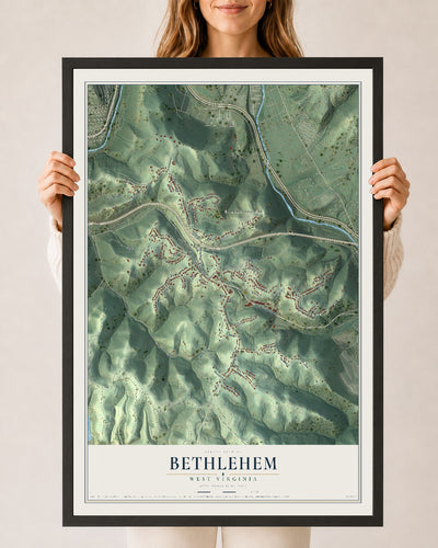 Map of Bethlehem, West Virginia, 24 x 36 inch print in a black wood frame