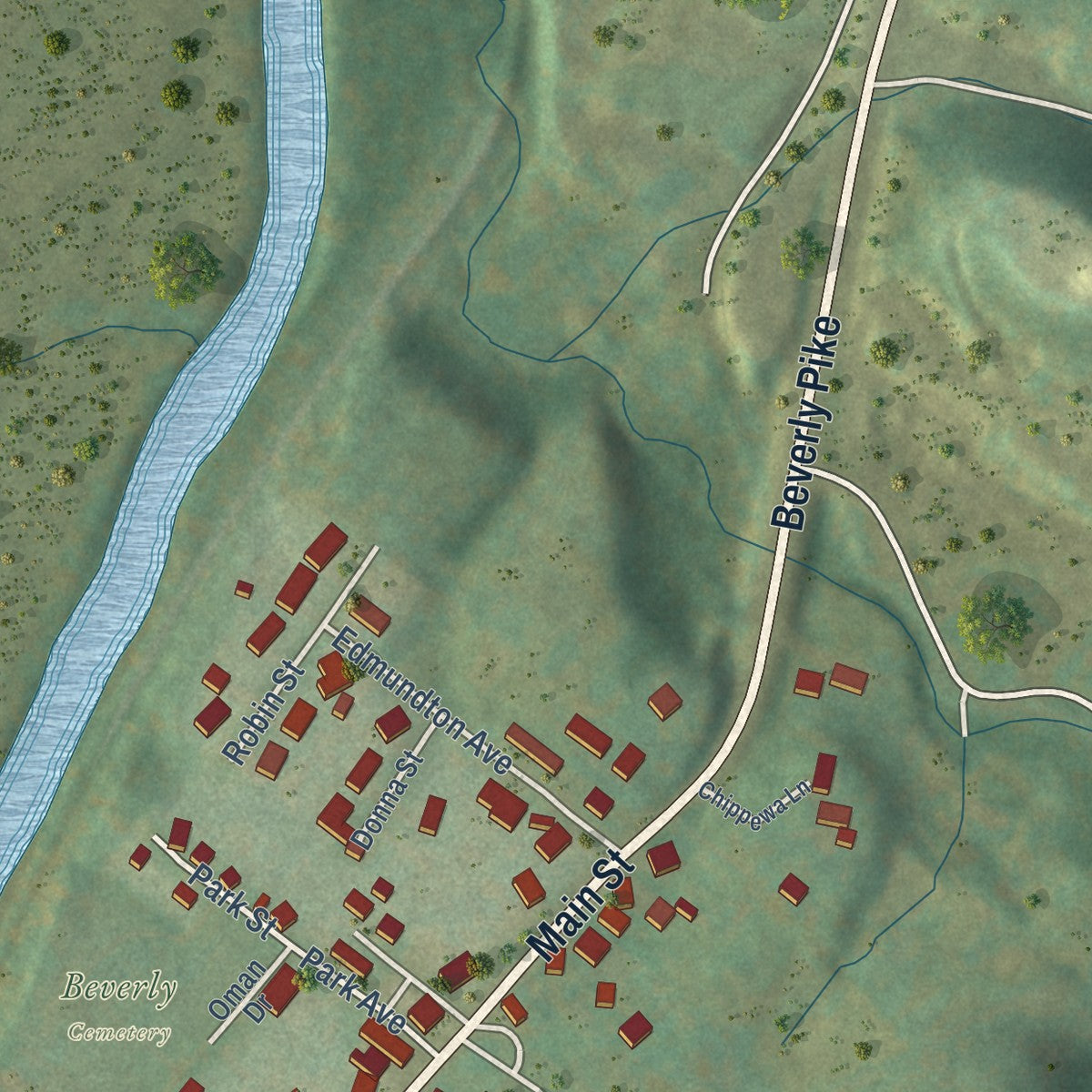 Second close-up of the map of Beverly, West Virginia print showing more streets and buildings