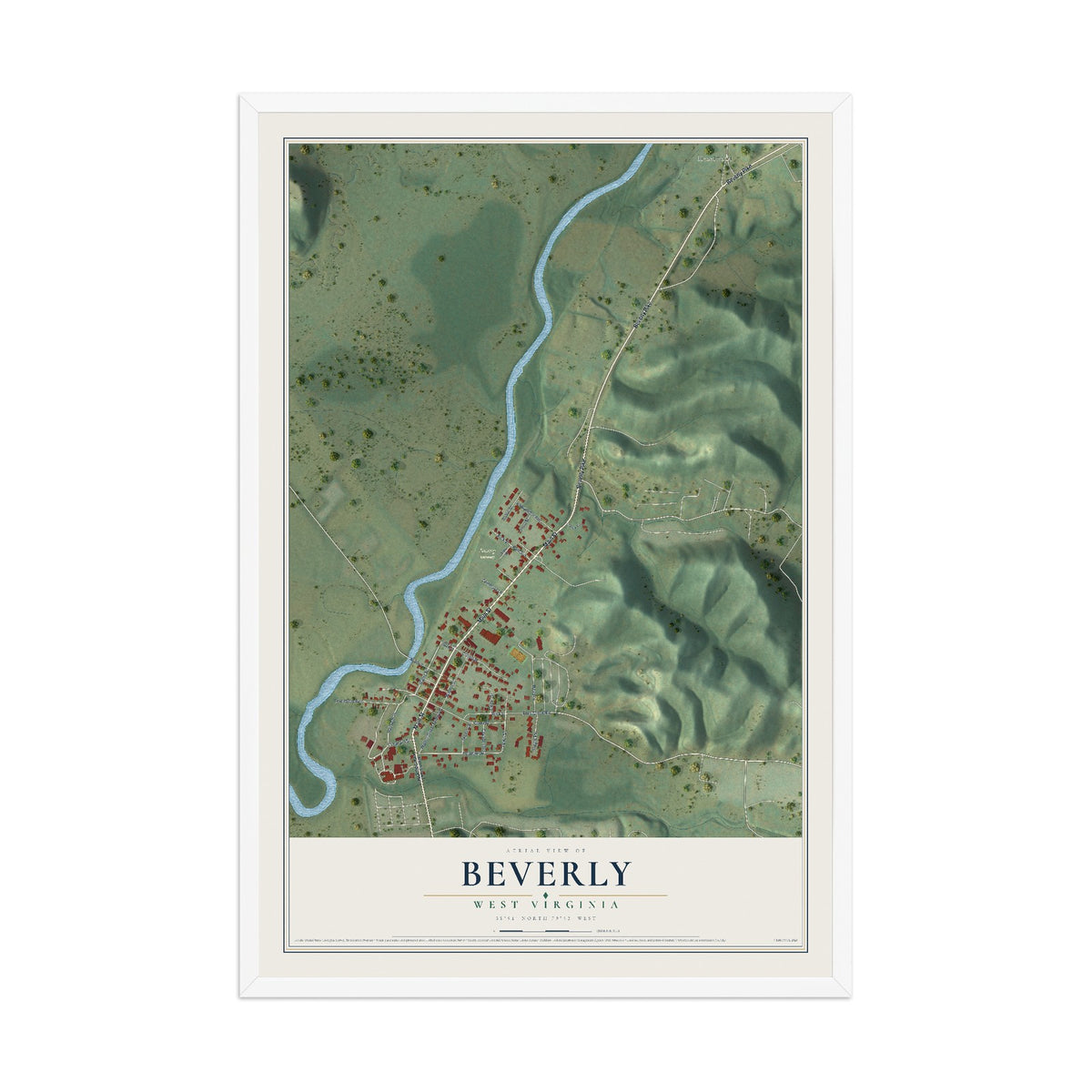 Map of Beverly, West Virginia, 12 x 18 inch print in a white wood frame