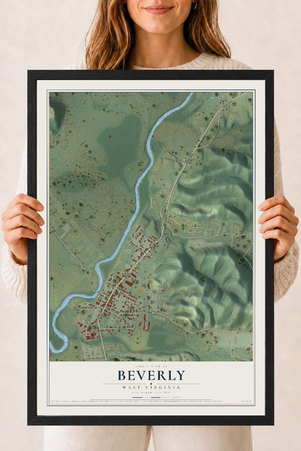 Map of Beverly, West Virginia, 18 x 24 inch print in a black wood frame
