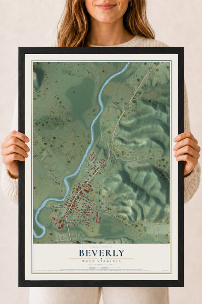 Map of Beverly, West Virginia, 18 x 24 inch print in a black wood frame