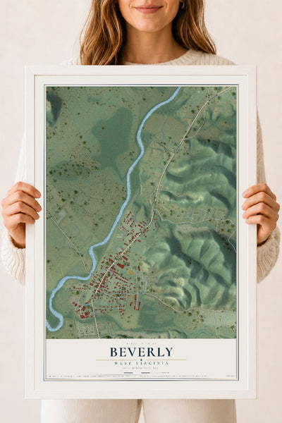 Map of Beverly, West Virginia, 18 x 24 inch print in a white wood frame