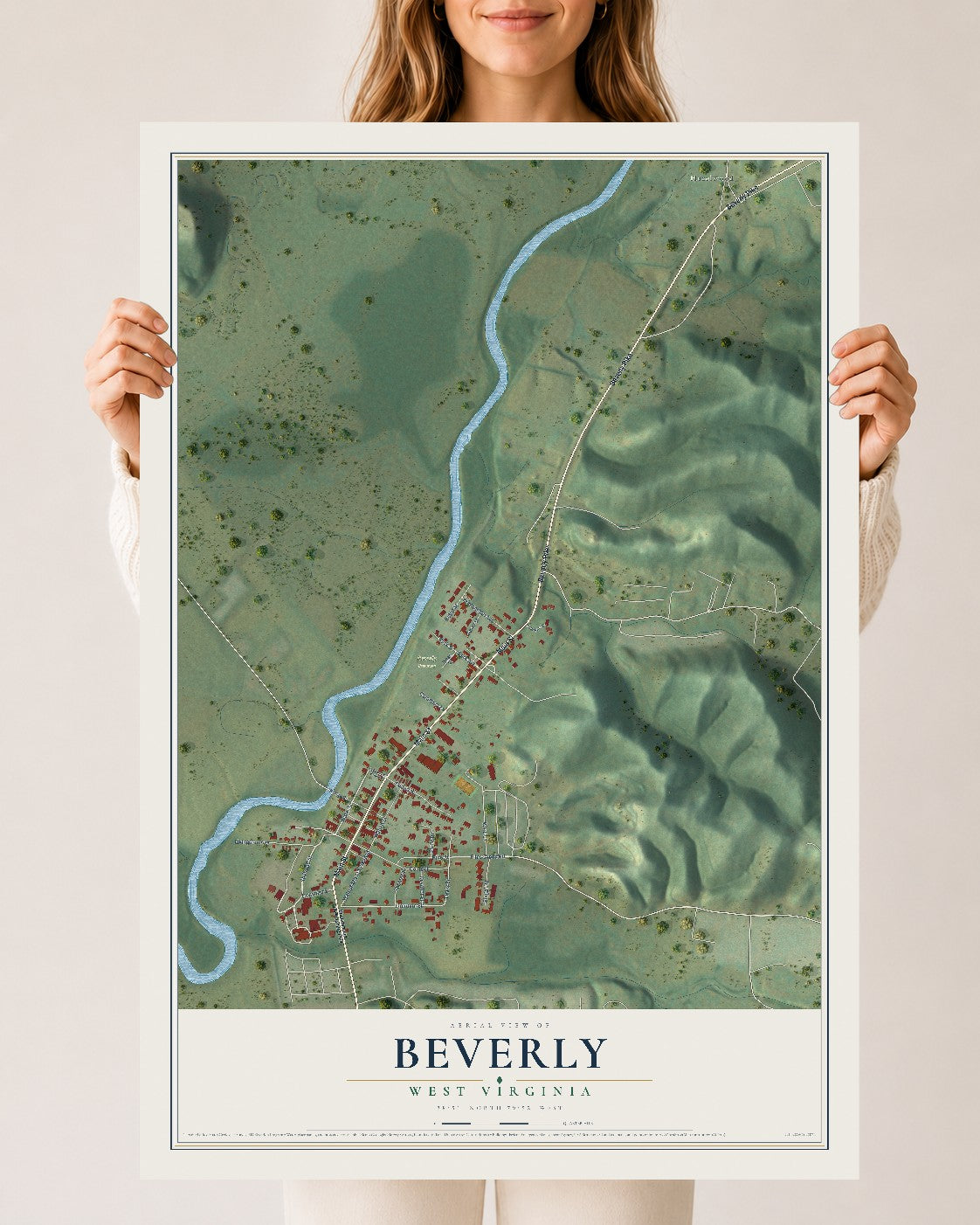 Map of Beverly, West Virginia, 24 x 36 inch unframed archival matte print