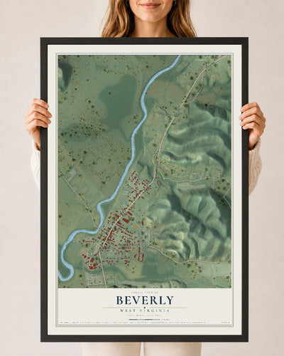 Map of Beverly, West Virginia, 24 x 36 inch print in a black wood frame
