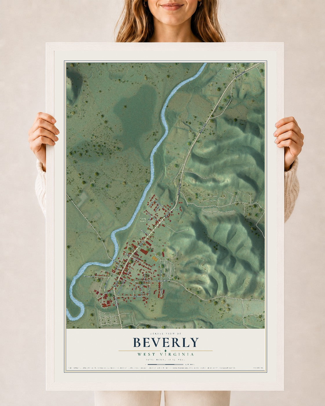 Map of Beverly, West Virginia, 24 x 36 inch print in a white wood frame