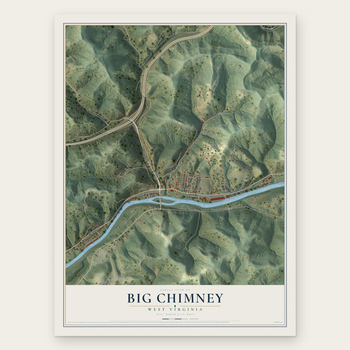 Big Chimney, West Virginia map print, the full design
