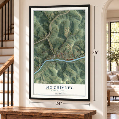 Big Chimney, West Virginia map, 24 x 36 inch print in a black frame by a staircase