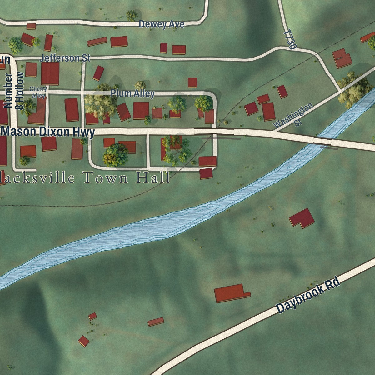 Close-up of the map of Blacksville, West Virginia print showing street and building detail