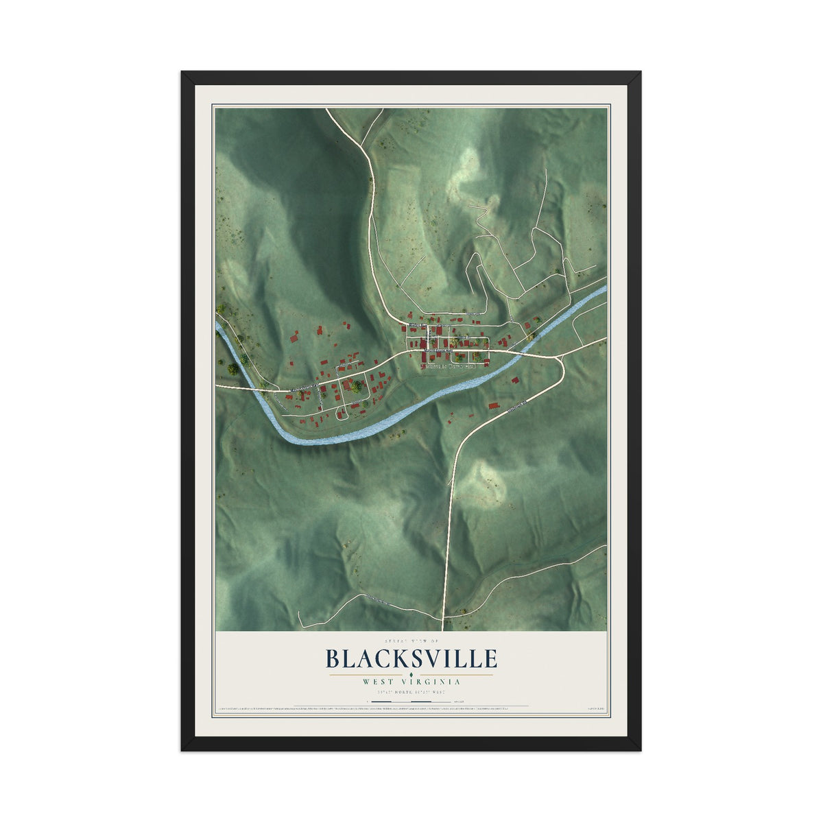 Map of Blacksville, West Virginia, 12 x 18 inch print in a black wood frame