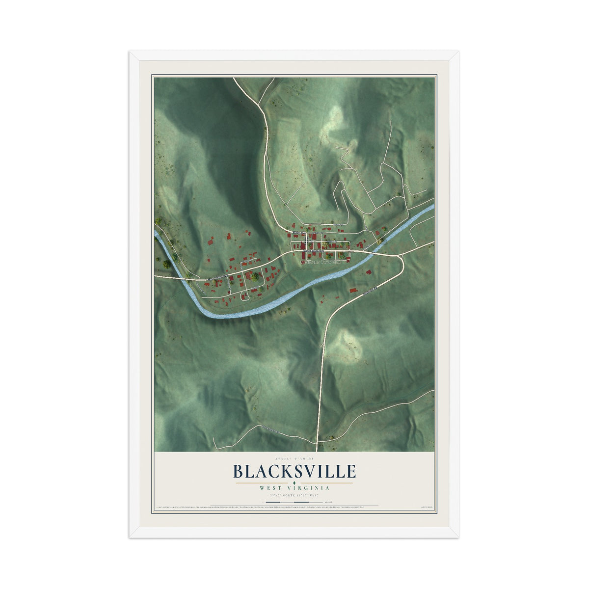 Map of Blacksville, West Virginia, 12 x 18 inch print in a white wood frame
