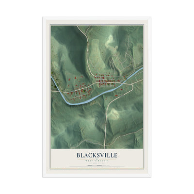 Map of Blacksville, West Virginia, 12 x 18 inch print in a white wood frame