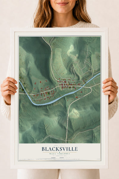Map of Blacksville, West Virginia, 18 x 24 inch print in a white wood frame