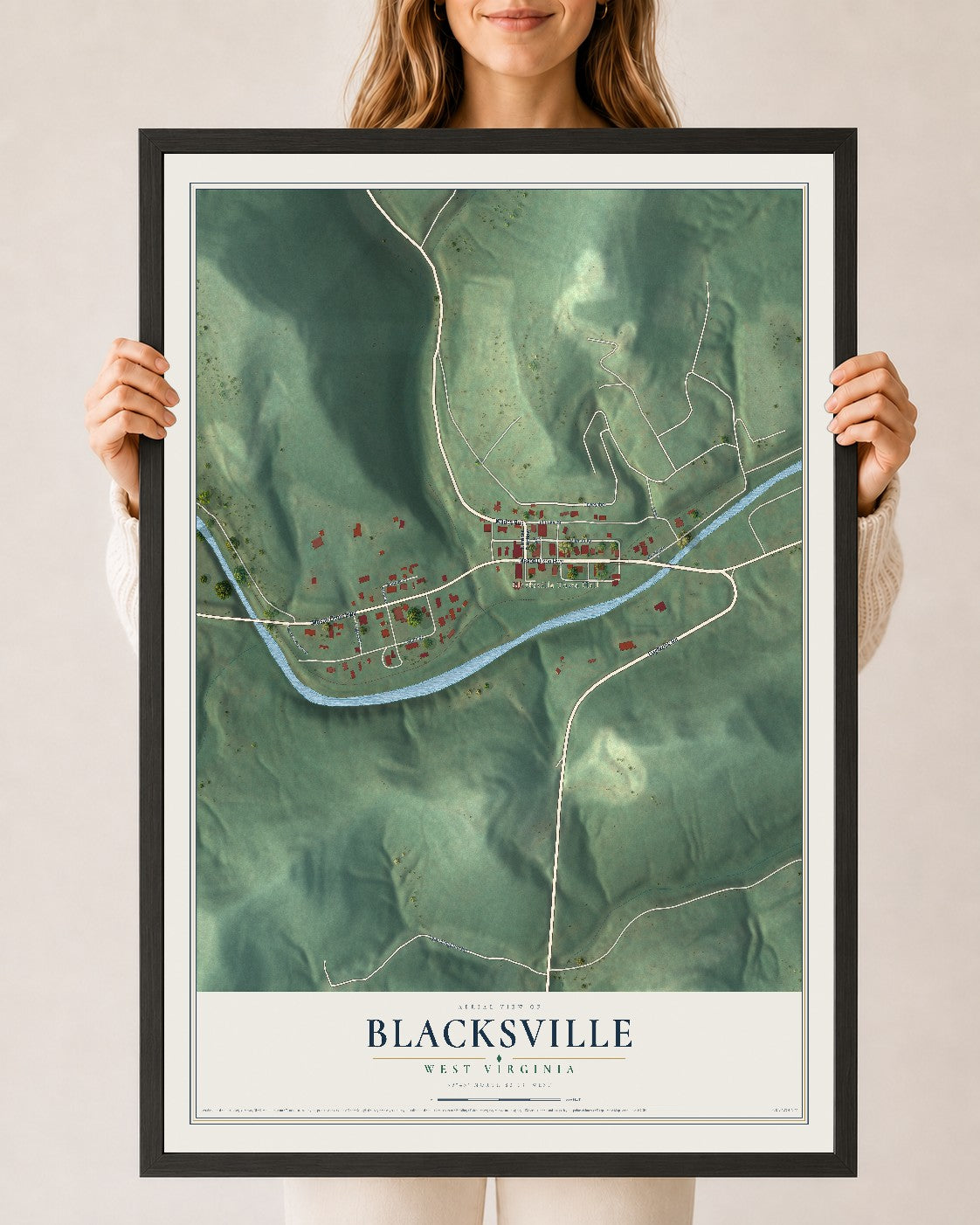 Map of Blacksville, West Virginia, 24 x 36 inch print in a black wood frame