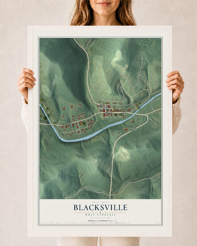 Map of Blacksville, West Virginia, 24 x 36 inch print in a white wood frame
