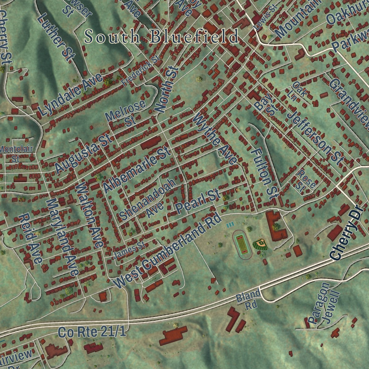 Close-up of the map of Bluefield, West Virginia print showing street and building detail