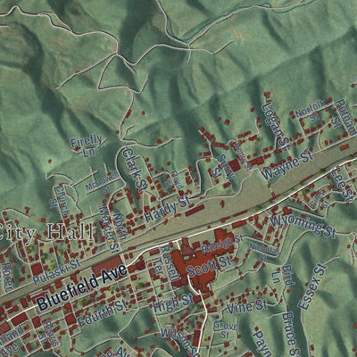 Second close-up of the map of Bluefield, West Virginia print showing more streets and buildings