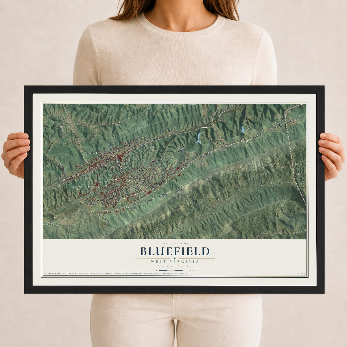 Map of Bluefield, West Virginia, 12 x 18 inch print in a black wood frame
