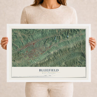 Map of Bluefield, West Virginia, 12 x 18 inch print in a white wood frame