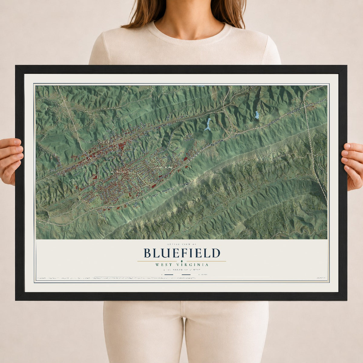 Map of Bluefield, West Virginia, 18 x 24 inch print in a black wood frame