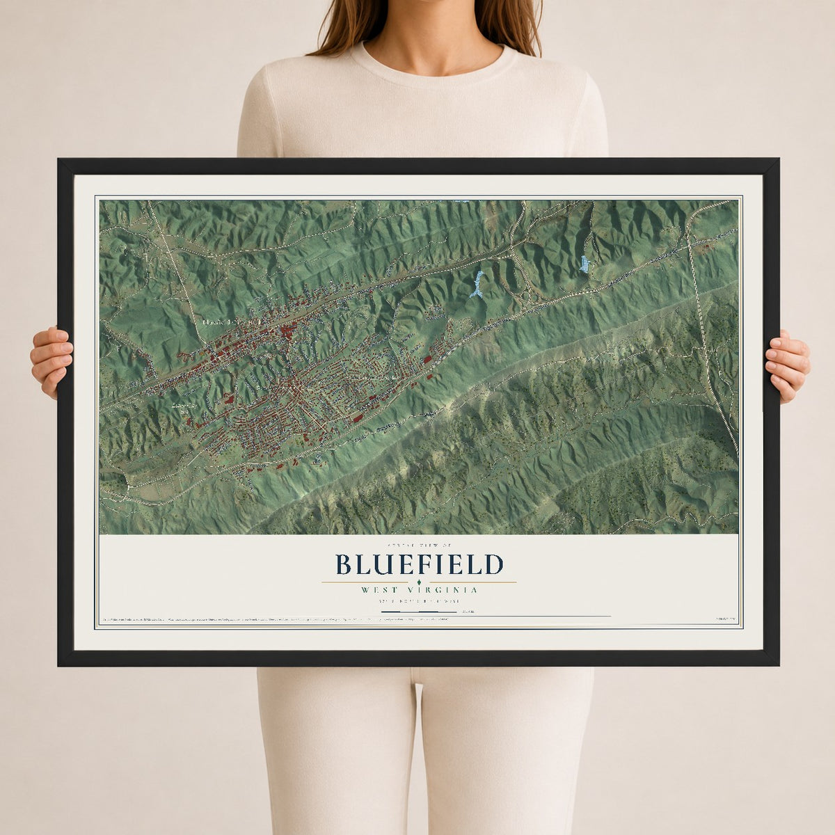 Map of Bluefield, West Virginia, 24 x 36 inch print in a black wood frame