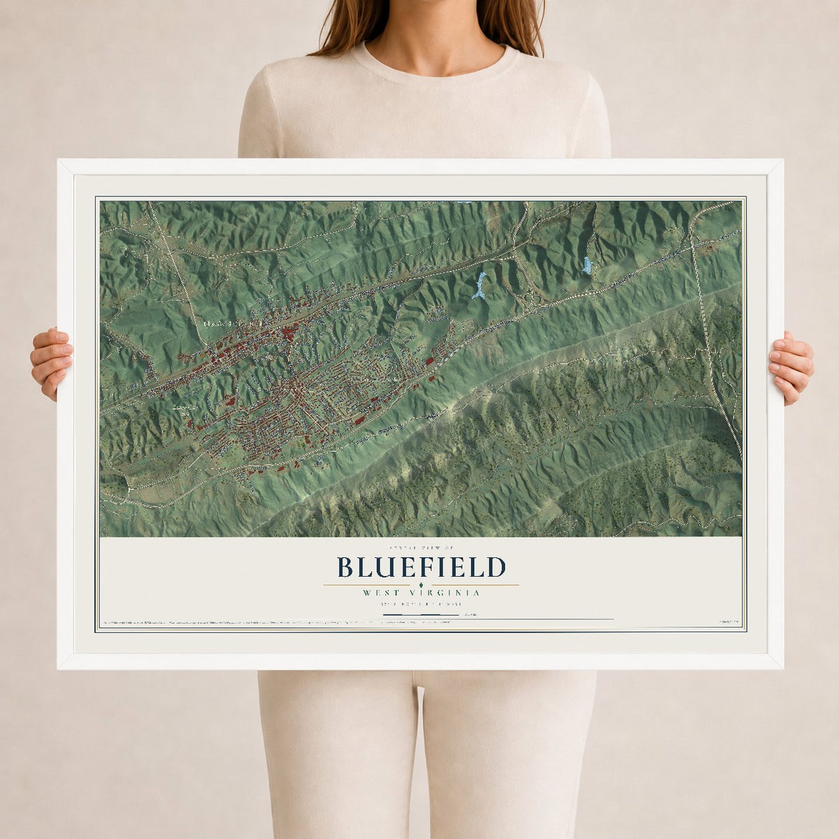 Map of Bluefield, West Virginia, 24 x 36 inch print in a white wood frame