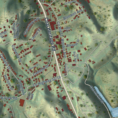 Close-up of the map of Bluewell, West Virginia print showing street and building detail