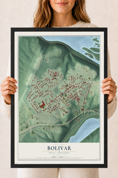 Map of Bolivar, West Virginia, 18 x 24 inch print in a black wood frame