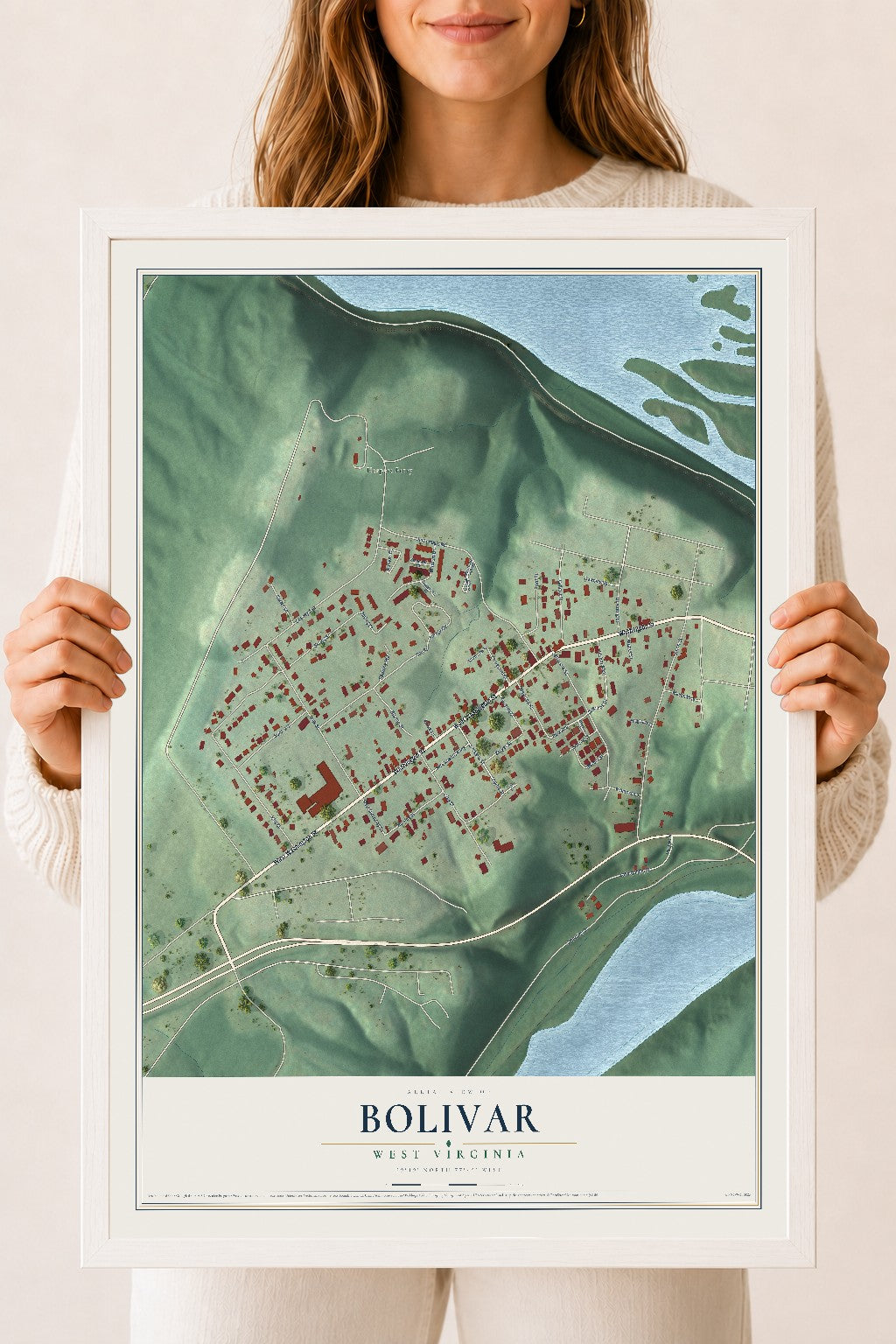 Map of Bolivar, West Virginia, 18 x 24 inch print in a white wood frame