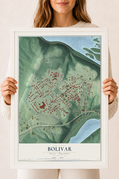 Map of Bolivar, West Virginia, 18 x 24 inch print in a white wood frame
