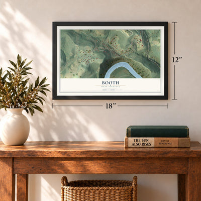 Booth, West Virginia map, 12 x 18 inch print in a black frame in an entryway