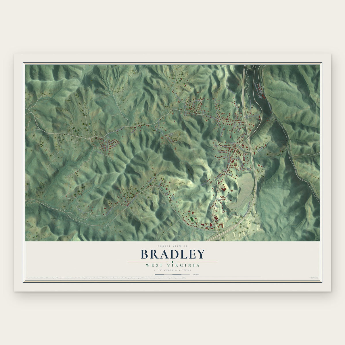 Bradley, West Virginia map print, the full design