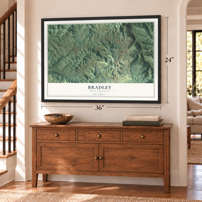 Bradley, West Virginia map, 24 x 36 inch print in a black frame above a dresser by a staircase