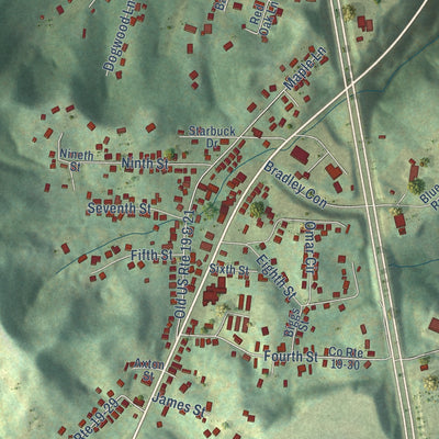 Close-up of the map of Bradley, West Virginia print showing street and building detail