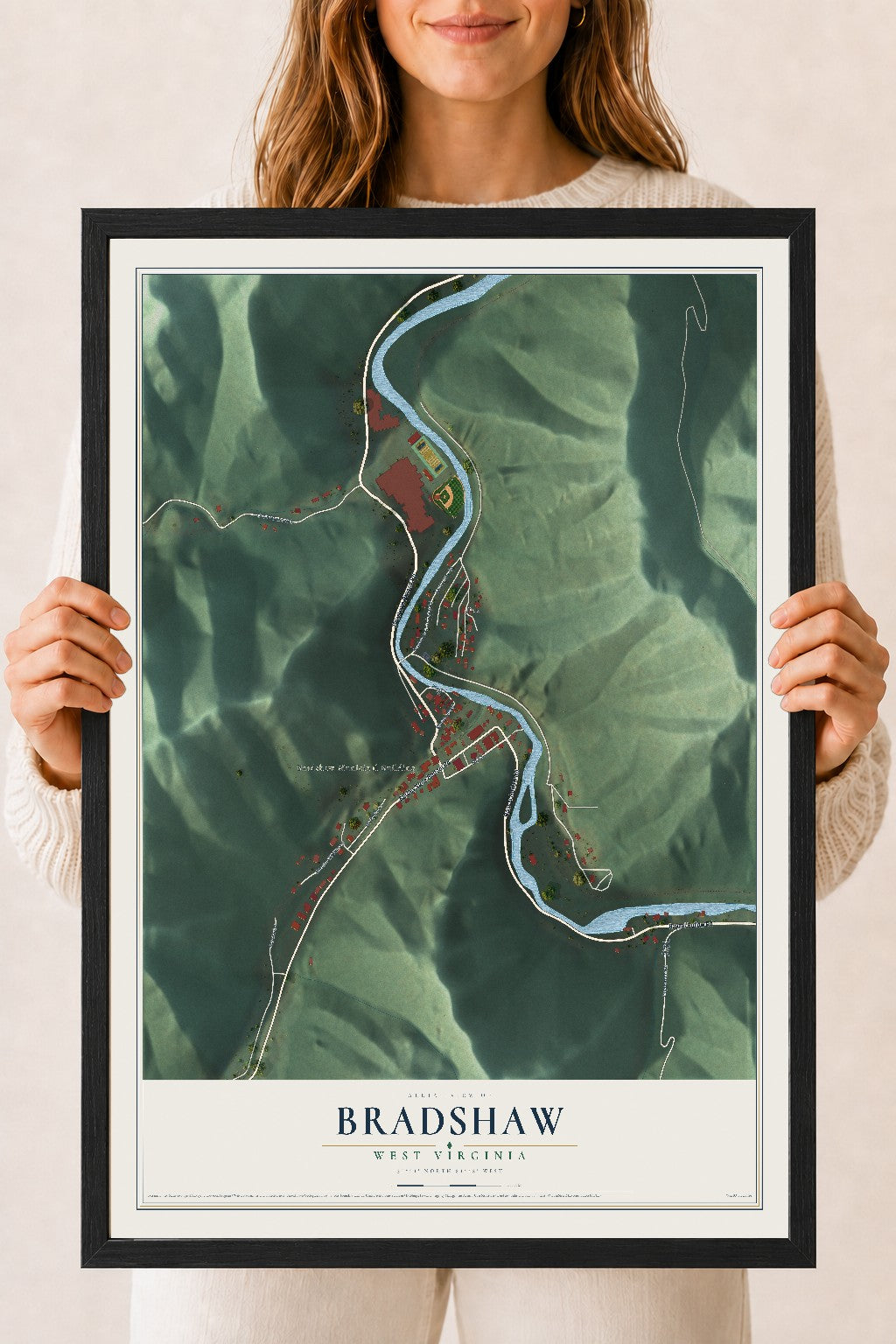 Map of Bradshaw, West Virginia, 18 x 24 inch print in a black wood frame