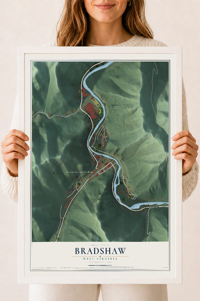Map of Bradshaw, West Virginia, 18 x 24 inch print in a white wood frame