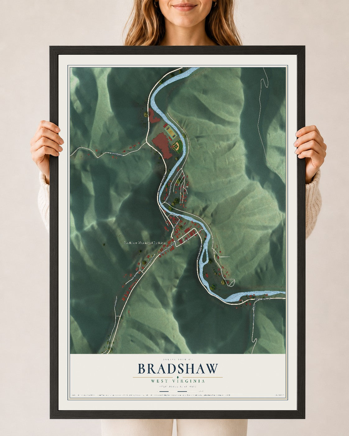 Map of Bradshaw, West Virginia, 24 x 36 inch print in a black wood frame