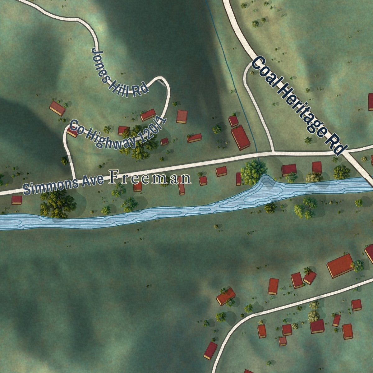 Second close-up of the map of Bramwell, West Virginia print showing more streets and buildings