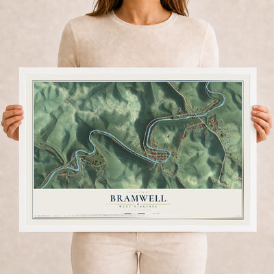 Map of Bramwell, West Virginia, 12 x 18 inch print in a white wood frame