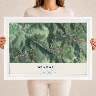 Map of Bramwell, West Virginia, 18 x 24 inch print in a white wood frame