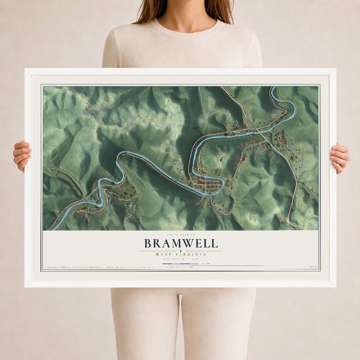 Map of Bramwell, West Virginia, 24 x 36 inch print in a white wood frame