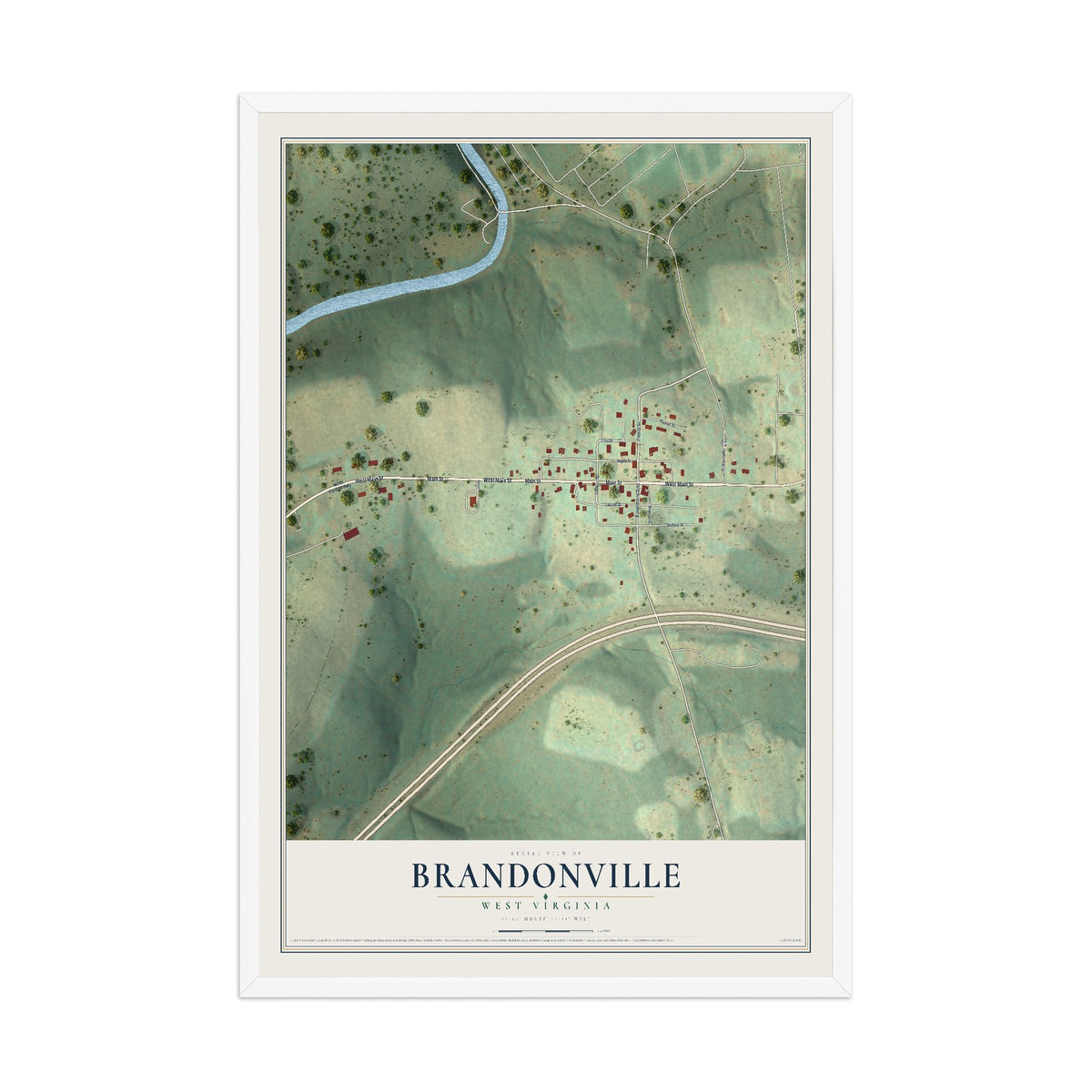 Map of Brandonville, West Virginia, 12 x 18 inch print in a white wood frame