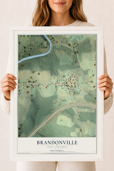 Map of Brandonville, West Virginia, 18 x 24 inch print in a white wood frame