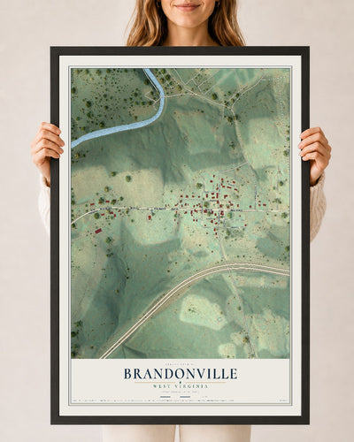 Map of Brandonville, West Virginia, 24 x 36 inch print in a black wood frame